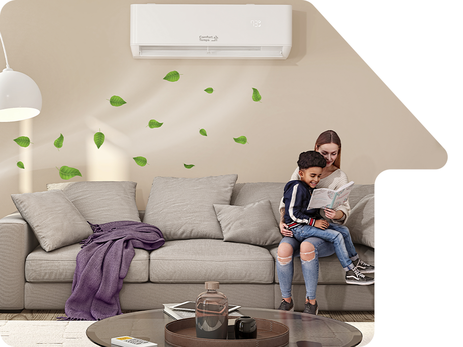 Energy-efficient mini split ductless heat pump installed in a living room providing comfort and eco-friendly temperature control