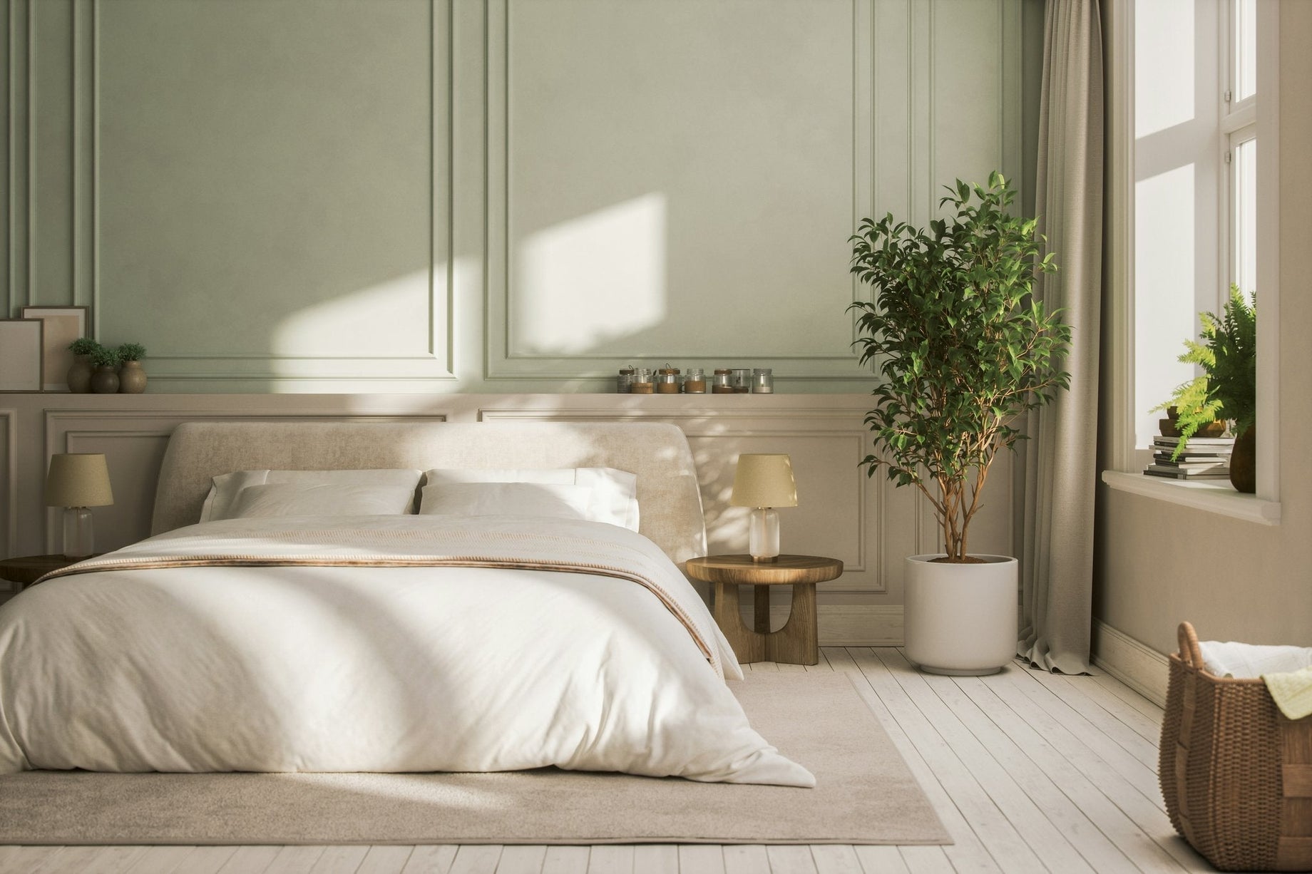 Calm sage green bedroom with white bedding and morning light, a quiet setting where mini-split noise level affects sleep