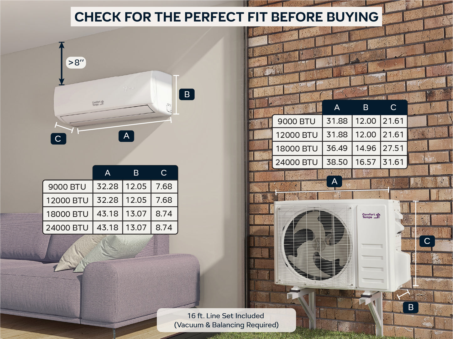 Comfort Temps PRO Series 23 SEER2 Dimensions of the indoor and outdoor units for heating and cooling