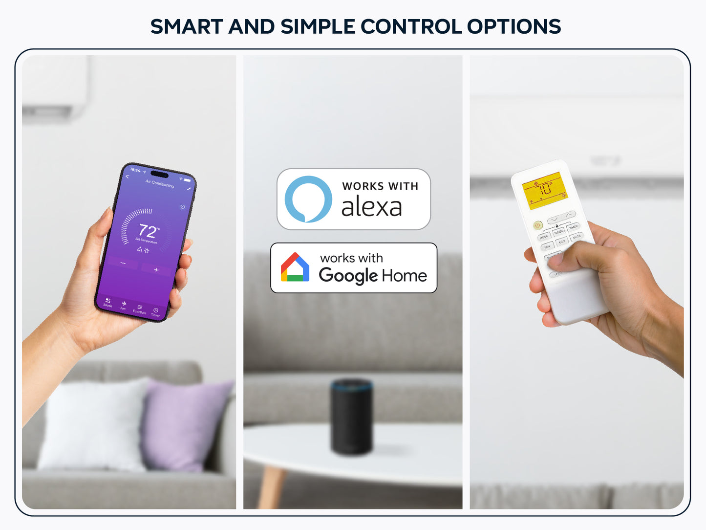 Comfort Temps ductless mini split heat pump control options - smartphone app interface, Alexa compatibility, Google Home compatibility, and handheld remote.