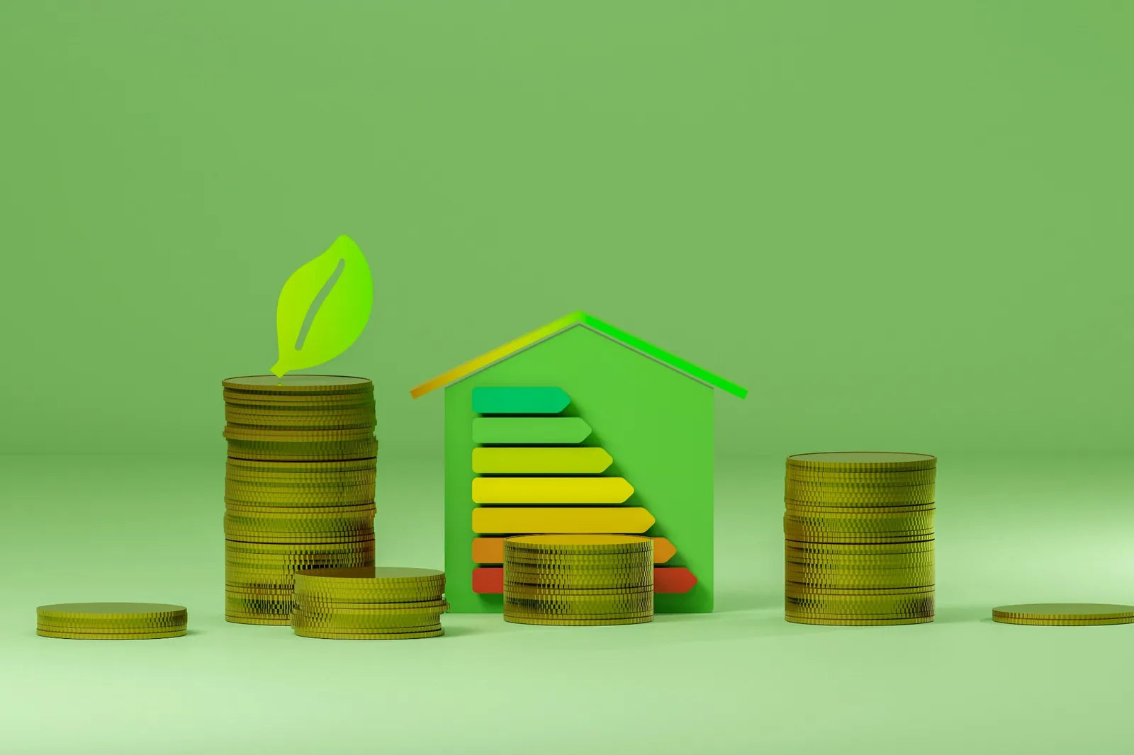 Green house icon with an energy-efficiency rating scale and stacks of coins