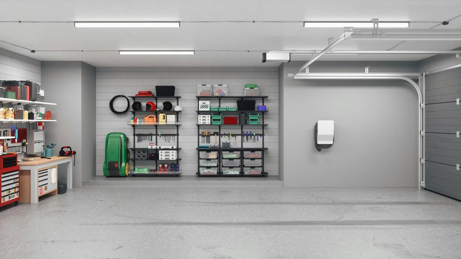 Wall-mounted mini-split heat pump in an organized two-car garage workshop